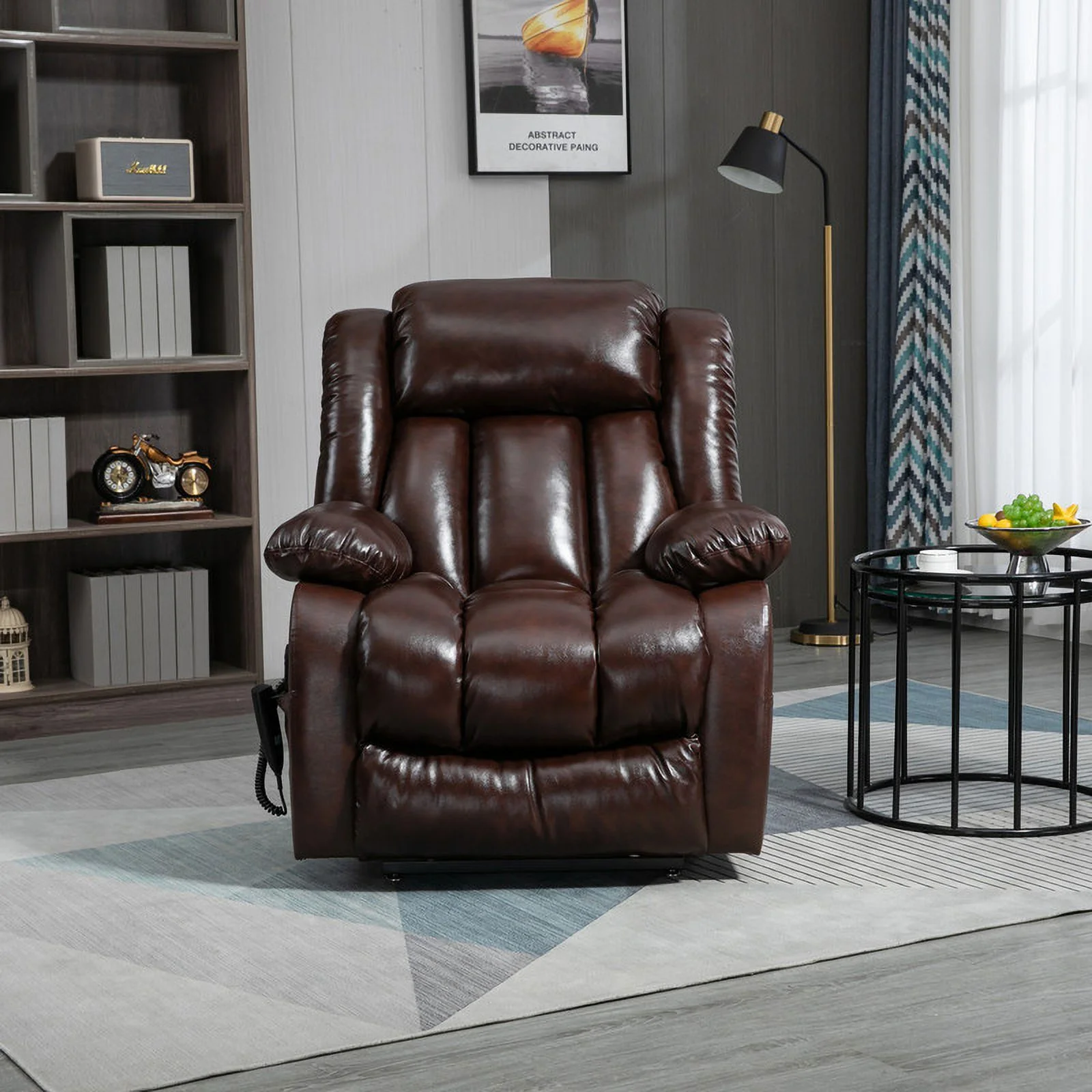 Oversized Dual Motor Lay Flat Power Lift Recliner Chairs for Elderly Adults,Brown Leather Electric Recliners Chair with 8-Point Vibration Massage Lumbar Heating,2 Side Pocket,23" Seat Width