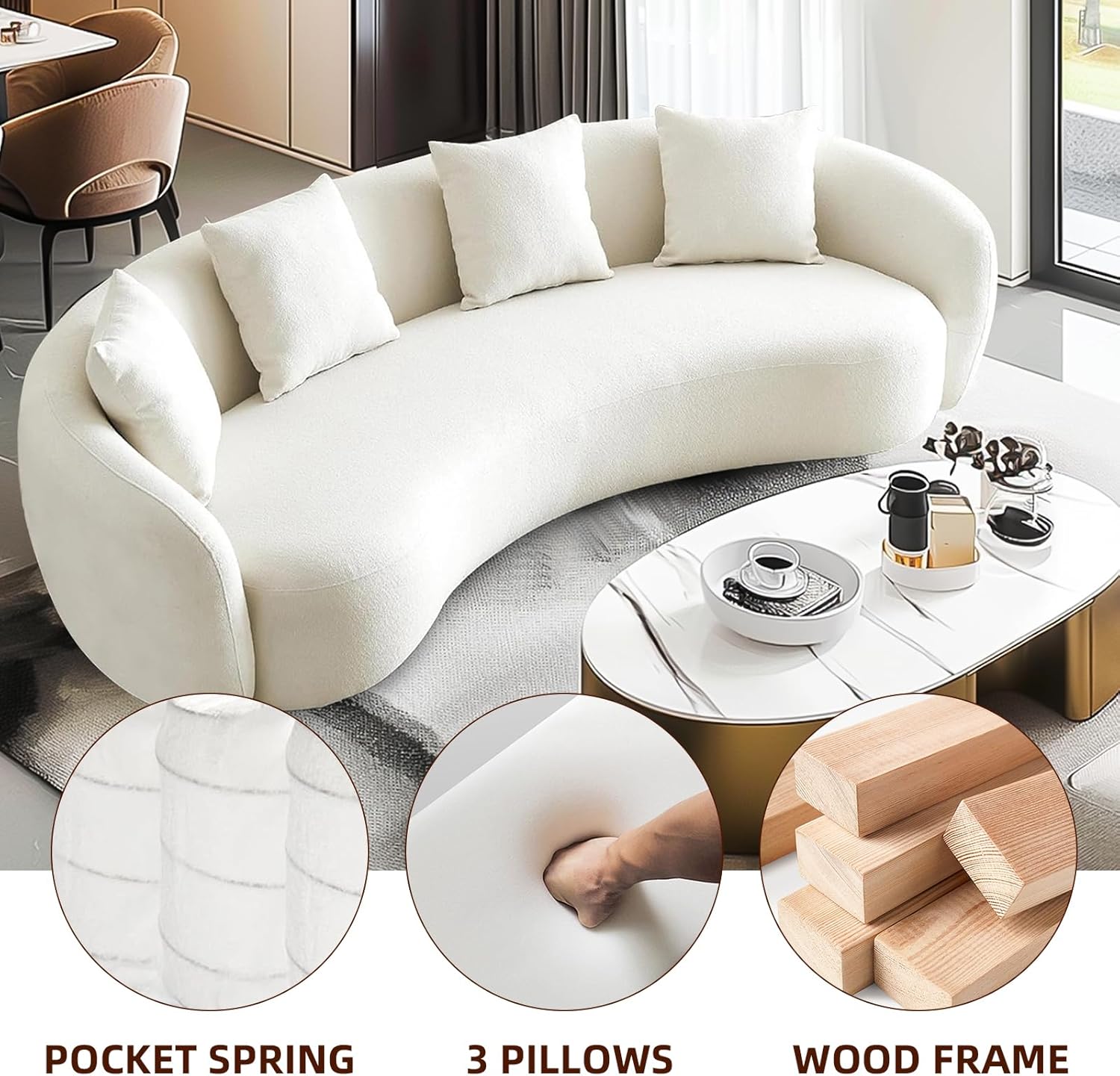 Teddy Fabric Curved, 101" Mid Century Modern Half Moon Sectional Cloud Luxury 4-Seat Sofa Couch with 4 Throw Pillows for Living Room Apartment, Bedroom, Office, withe