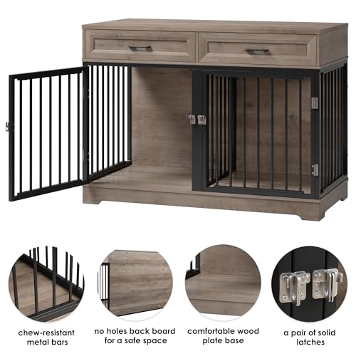 Dog Crate Furniture 47" Wooden Dog Kennels for Dogs Indoor with a Removable Divider for Large/Medium/Small Dogs, 2 Storage Drawers and Large Tabletop Dog Cages Double Doors Dog House, White
