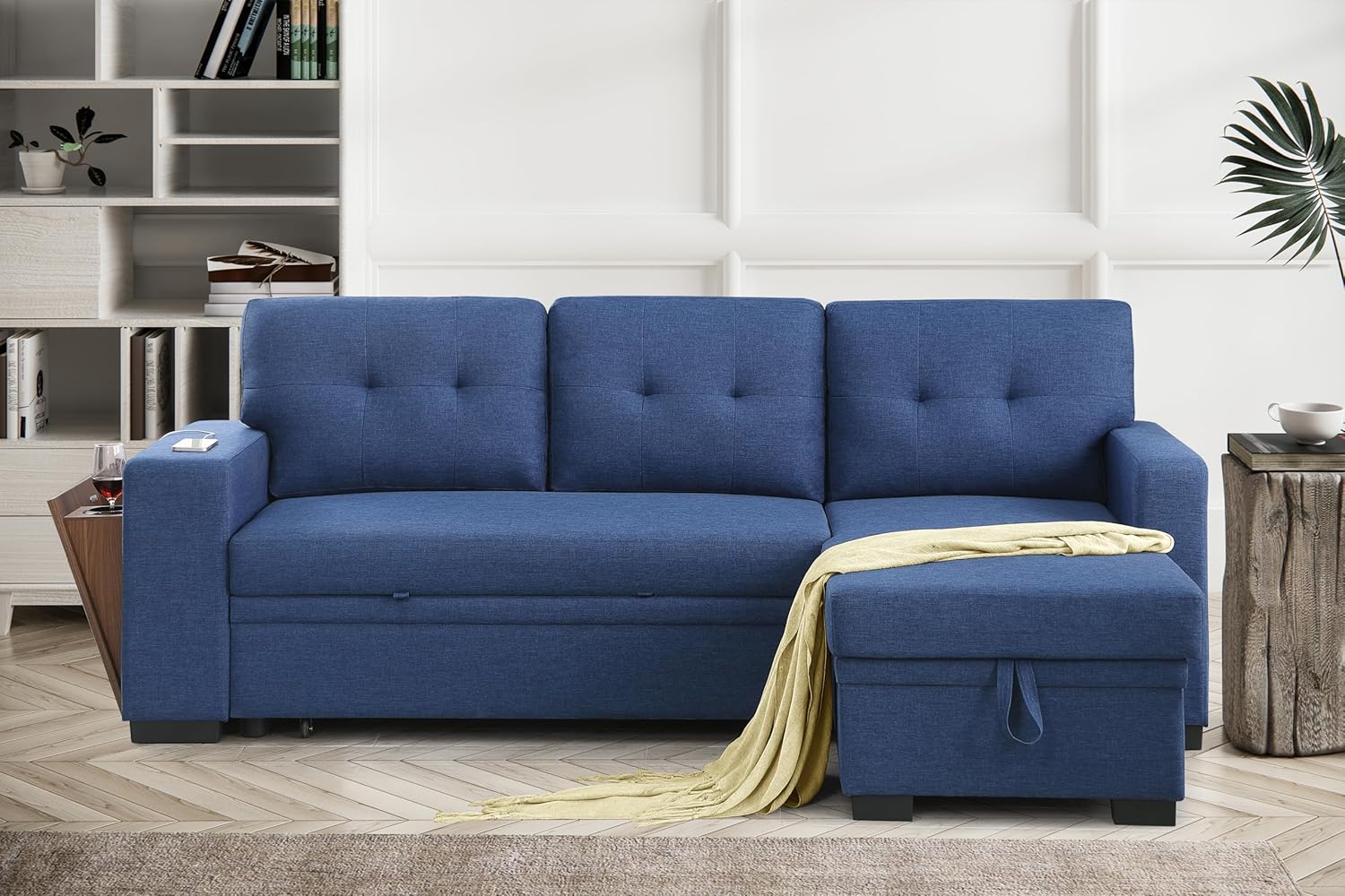 L-Shaped Sectional Sleeper Sofa with Reversible Storage Chaise, Hidden Compartment, Cup Holder, USB Port, and Pull-Out Bed, Upholstered Corner Couch for Living Room, Blue