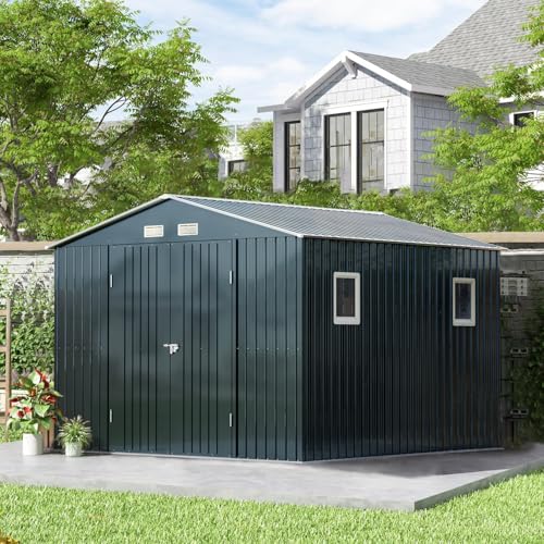 Outdoor Storage Shed 10 x 12ft. Utility Tool Shed Metal Storage Garden Shed with Lockable Doors, Windows & Metal Frame Floor for Patio Storage,Brown
