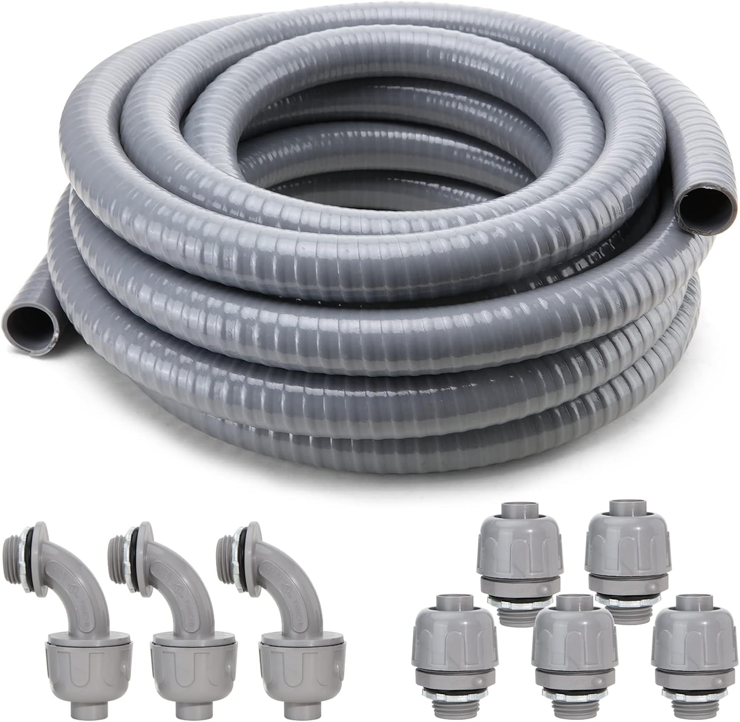 Liquid-Tight Conduit and Connector Kit,Flexible Non Metallic Liquid Tight Electrical Conduit,1/2inch 100ft Electrical Conduit Kit,with 5 Straight and 3 Angle Fittings Included,1/2 in. Dia Pack of 2