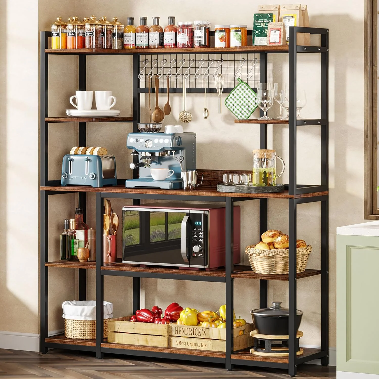 Tribesigns Large Bakers Rack, 55" Wide Kitchen Hutch Cabinet Microwave Stand with 11 Hooks, 5-Tier Baker's Rack Kitchen Storage Shelf Rack with Hutch, Rustic Brown