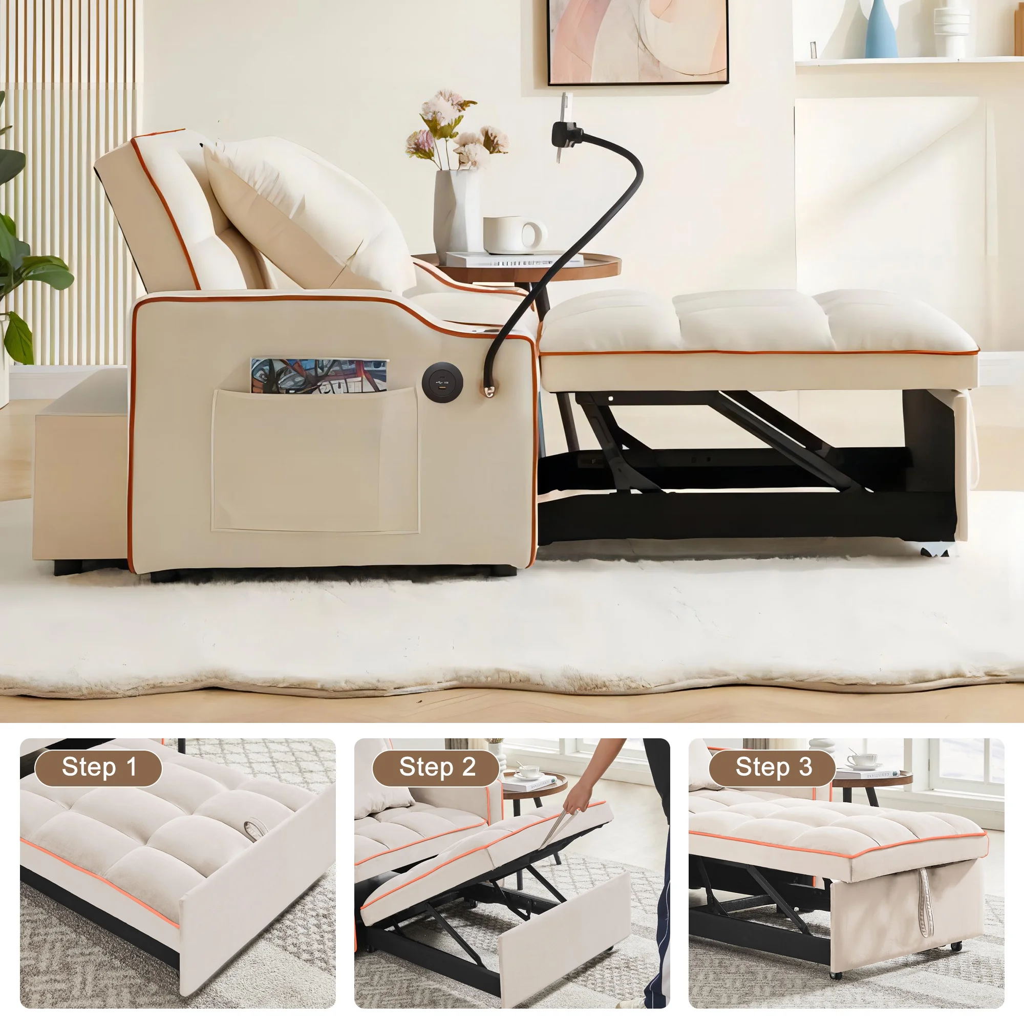 Aukfa Sleeper Chair Bed, Convertible Pull Out Sofa Bed with USB Port, Cup Holders and Swivel Phone Holder, Beige