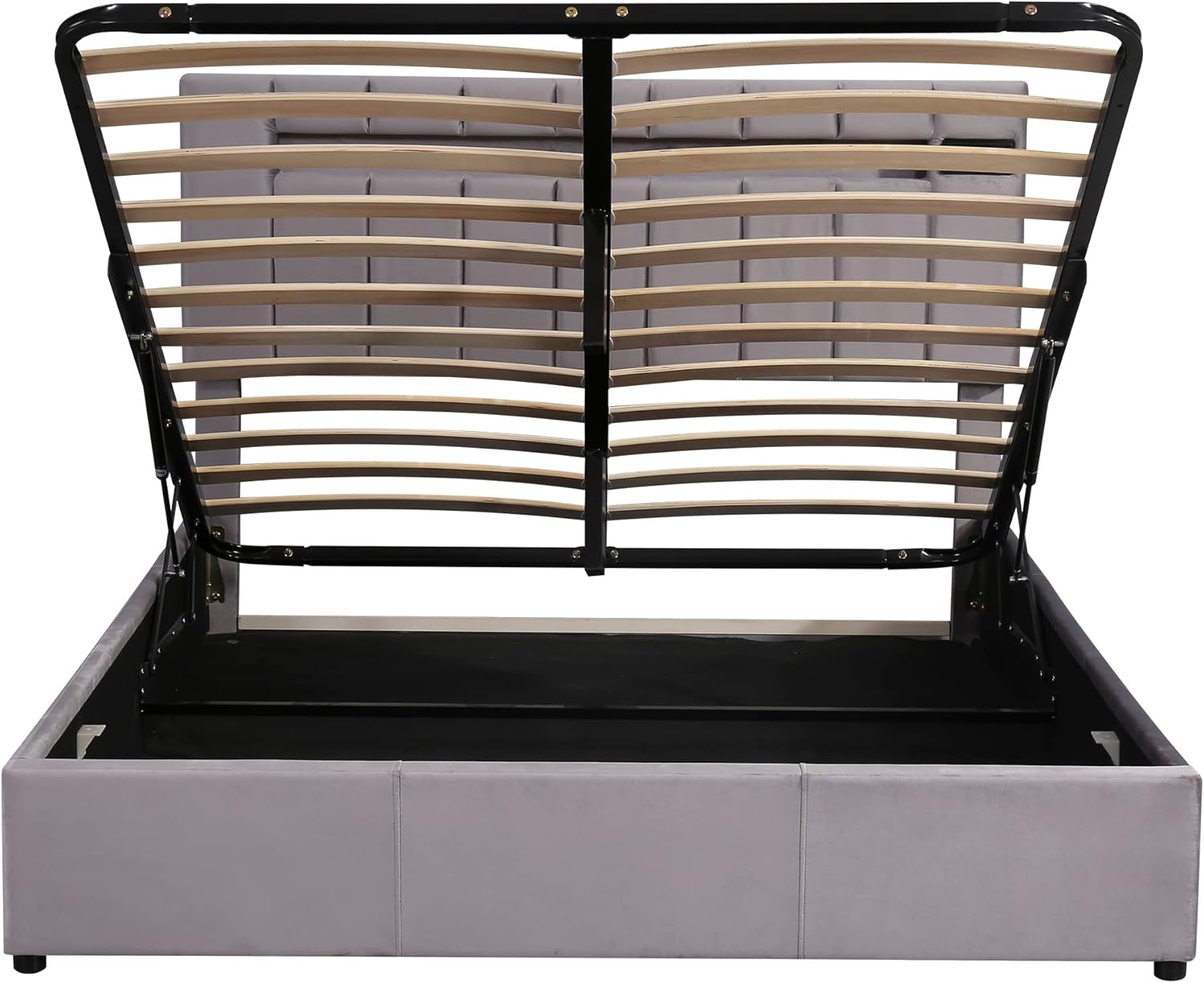 Queen Size Modern Platform Bed with Hydraulic Storage System and Headboard,Velvet Fabric Upholstered Bedframe with LED Lights,Bluetooth Player and USB Charger for Bedroom,Gray
