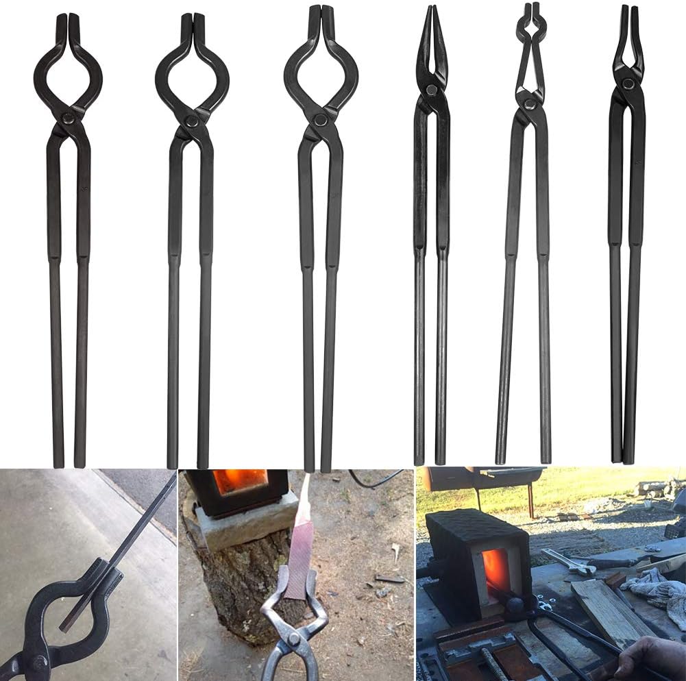 Beginner blacksmith tongs Blacksmith Forge Tong Tools Set Includes 1/4 Flat Jaw, Pick Up, Scroll, 3/8 1/2 5/8 V-Bit Tongs (6 Piece)
