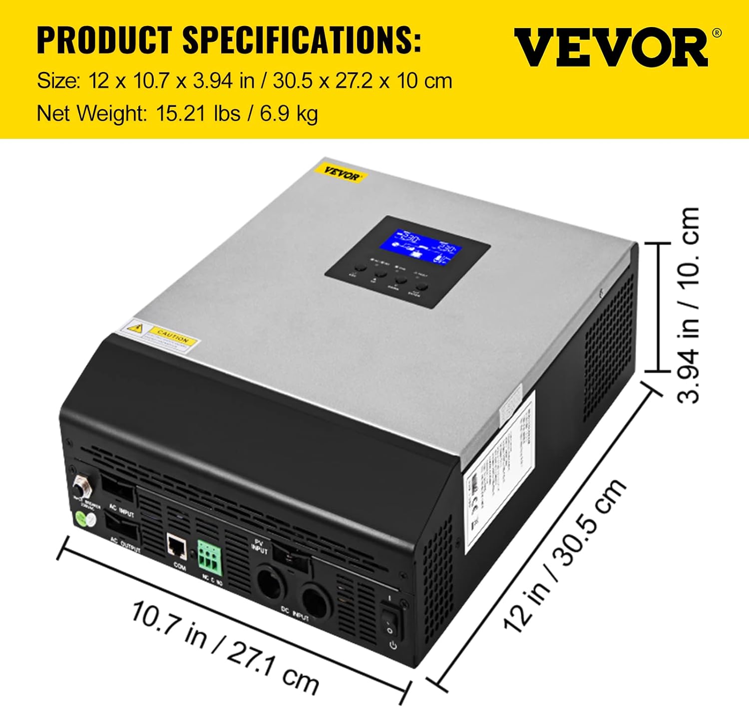 VEVOR Hybrid Solar Inverter, 3KVA 2400W, Pure Sine Wave Off-Grid Inverter, 24VDC to 110VAC Multi-Function Inverter with Build-in 50A PWM Solar Charge Controller, Support Utility/Generator/Solar Energy