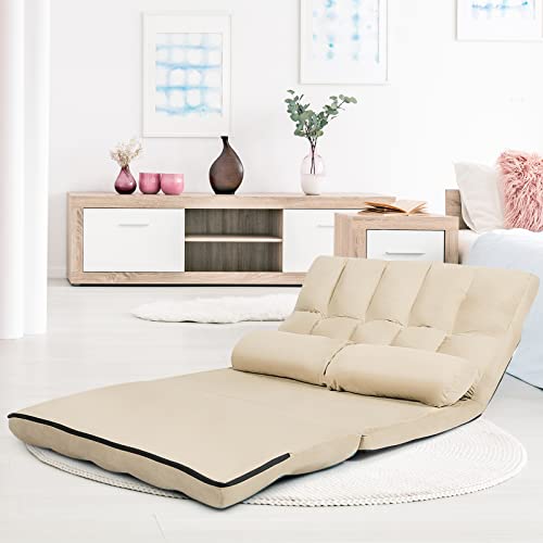 COSTWAY Floor Sofa Couch with 2 Pillows, Foldable 6-Position Adjustable Lazy Sofa bed Sleeper with Metal Frame, Soft Suede Fabric, Gaming Playing Lounge Recliner for Adults (Blue)