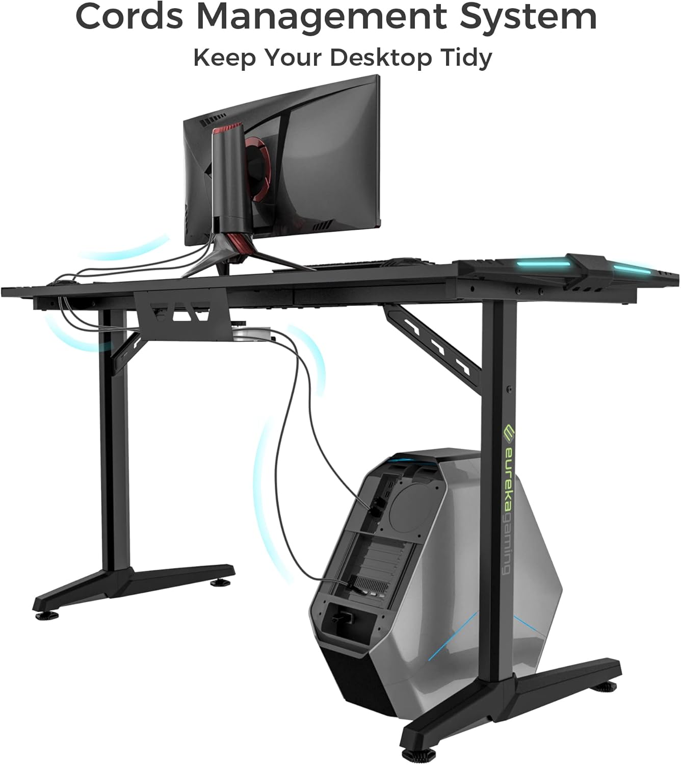 EUREKA ERGONOMIC RGB Gaming Desks, 55 Inch Computer Desk PC Studio Gamer Table Home Office Workstation, w Free Mouse Pad,USB Ports Controller Stand Cup Headset Holder Black for Game
