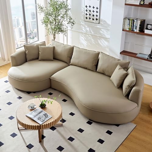 124.8'' Modern Curved Leather Sectional Sofa Couch, Upholstered Couch with Pillows, Left Hand Facing Sofa for Living Room (Grey Left-Facing)