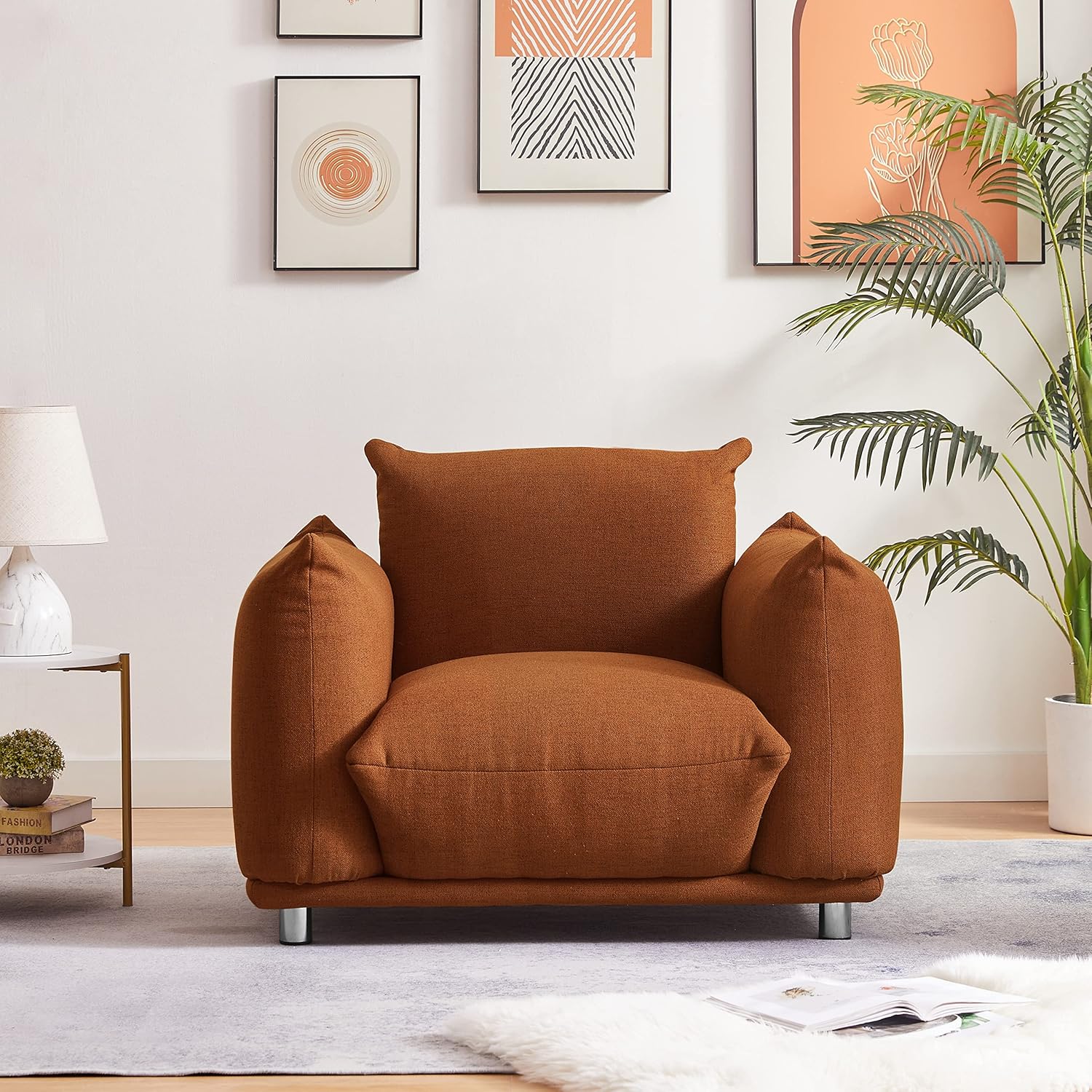 Accent Chair Cotton Linen Single Sofa 42" W Accent Chair for Bedroom Living Room Apartment, Rust Red