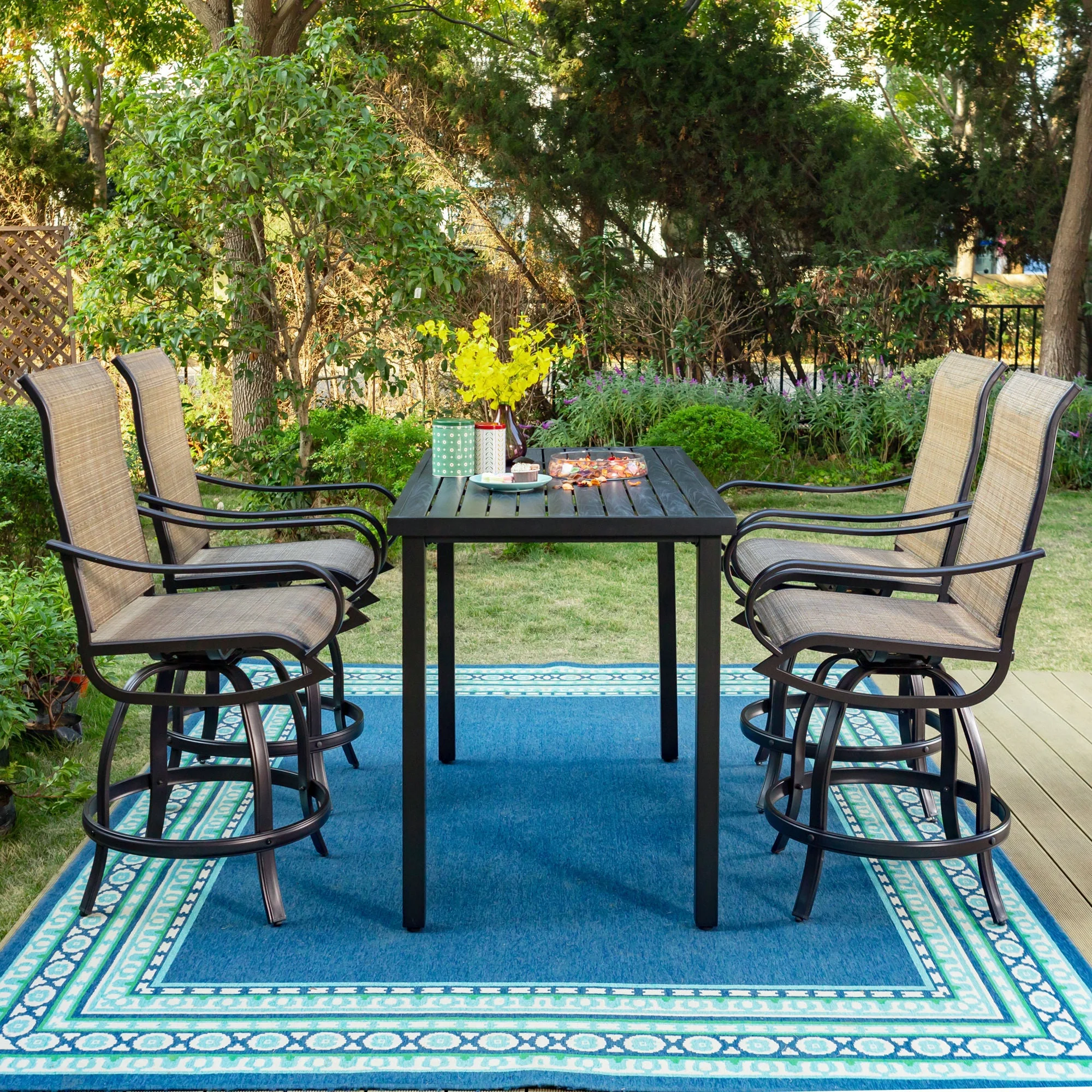 MF Studio 5-Piece All Weather Outdoor Bar Stool Set with Rectangle Counter Height Table & Patio Swivel Bar Chairs for 4 Person, Black & Brown