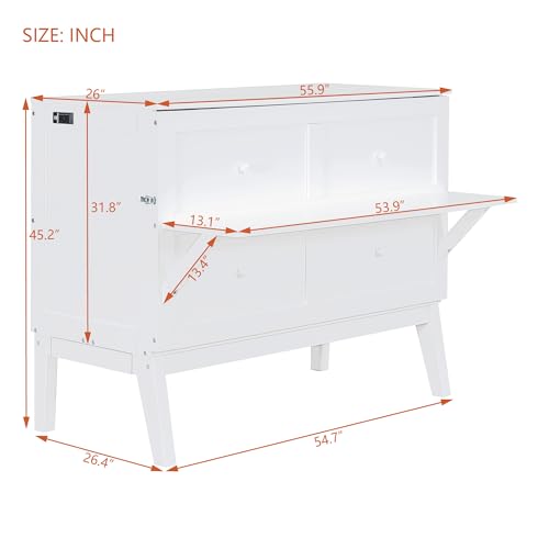 Full Size Murphy Bed with Desk,USB Port,and removable Shelves on Each Side, Full Platform Bed Wood Frame, for Guest Room Home Office (White)