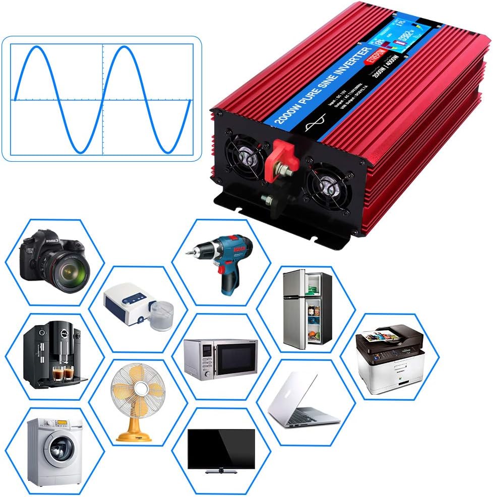 ETREPOW 3000 Watt Pure Sine Wave Inverter 12V to 110V 120V with LCD Display, 4 AC Sockets, 2.1A USB Port, Dual Fans and Wireless Remote Control-Off-Grid Inverter for RV, Automotive 6000W Peak