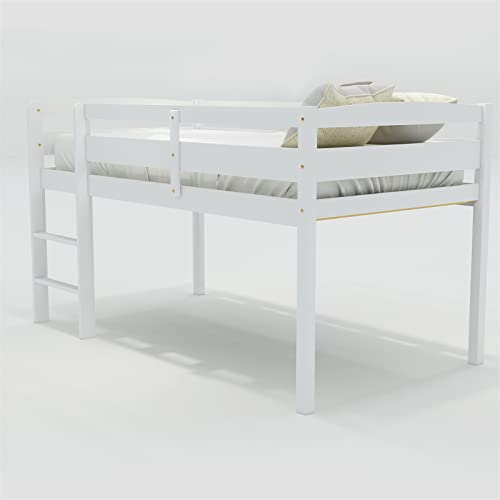 Bellemve Low Loft Bed Twin Size Wooden Loft Bed Frame with Ladder Compatible with Girls Boys Teens, White,bed frame