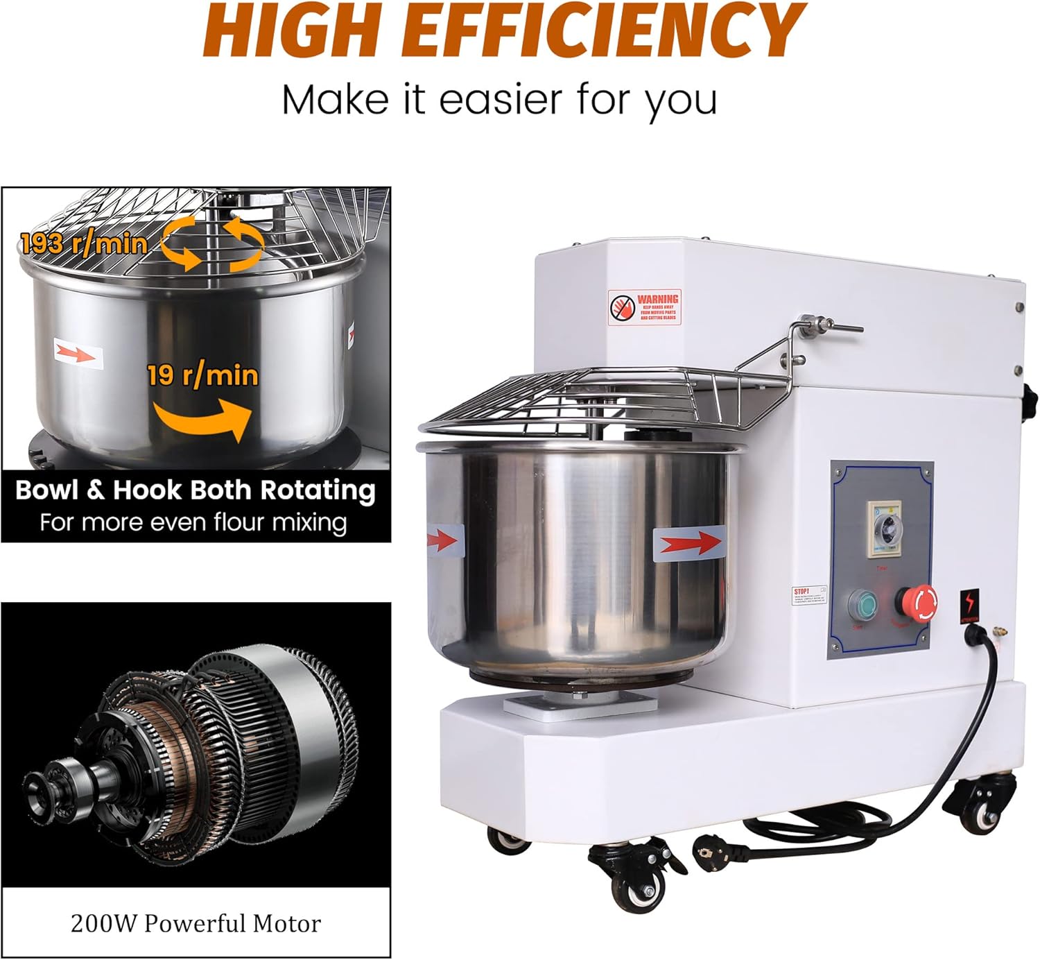Hakka Commercial Dough Mixer, 5 Qt Spiral Mixer Food Mixer Machine Dual Rotating Dough Kneading Machine with Food-grade Stainless Steel Bowl, Security Shield & Timer