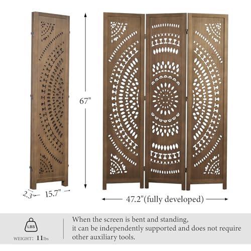 Room Divider Wood Carved Wall Divider Indoor Folding Bohemian Style Portable Partition Screen for Home Office Garden Terrace - 6 Panels (Antique, White-Washed)