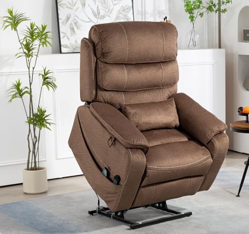 Light Grey Recliner Chair for Elderly | Tall and Big Man 400lbs | Chenille | Power Lift, Lay Flat, Stand Up, Wireless Charging Device, Extended Footrest, Massage Heat, Cup Holder, Lumbar Pillow