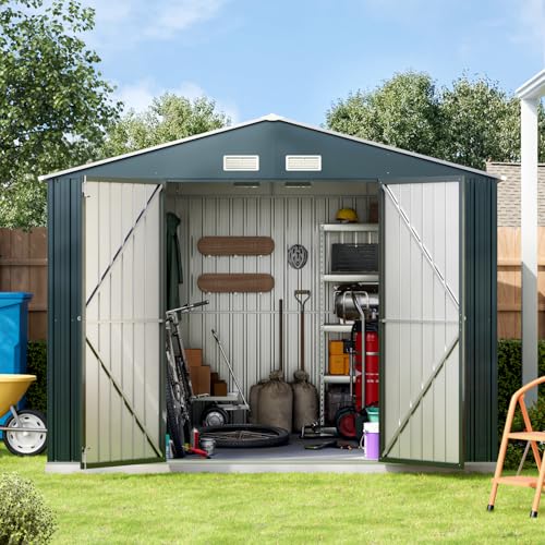 10X12X7.5 FT Outdoor Steel Storage Shed with Lockable Doors, 2 Windows, Transparent Roof Panels (Wood Panels & Frame Floor Not Included), Ideal for Patio Storage,Garbage Can, Chicken Coop，Brown