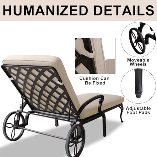 Outdoor Chaise Lounge Chairs, Set of 2 Pool Lounge Chairs Cast Aluminum Tanning Lounges with Cushion Wheels and Adjustable Reclining for Patio Outside(Beige)