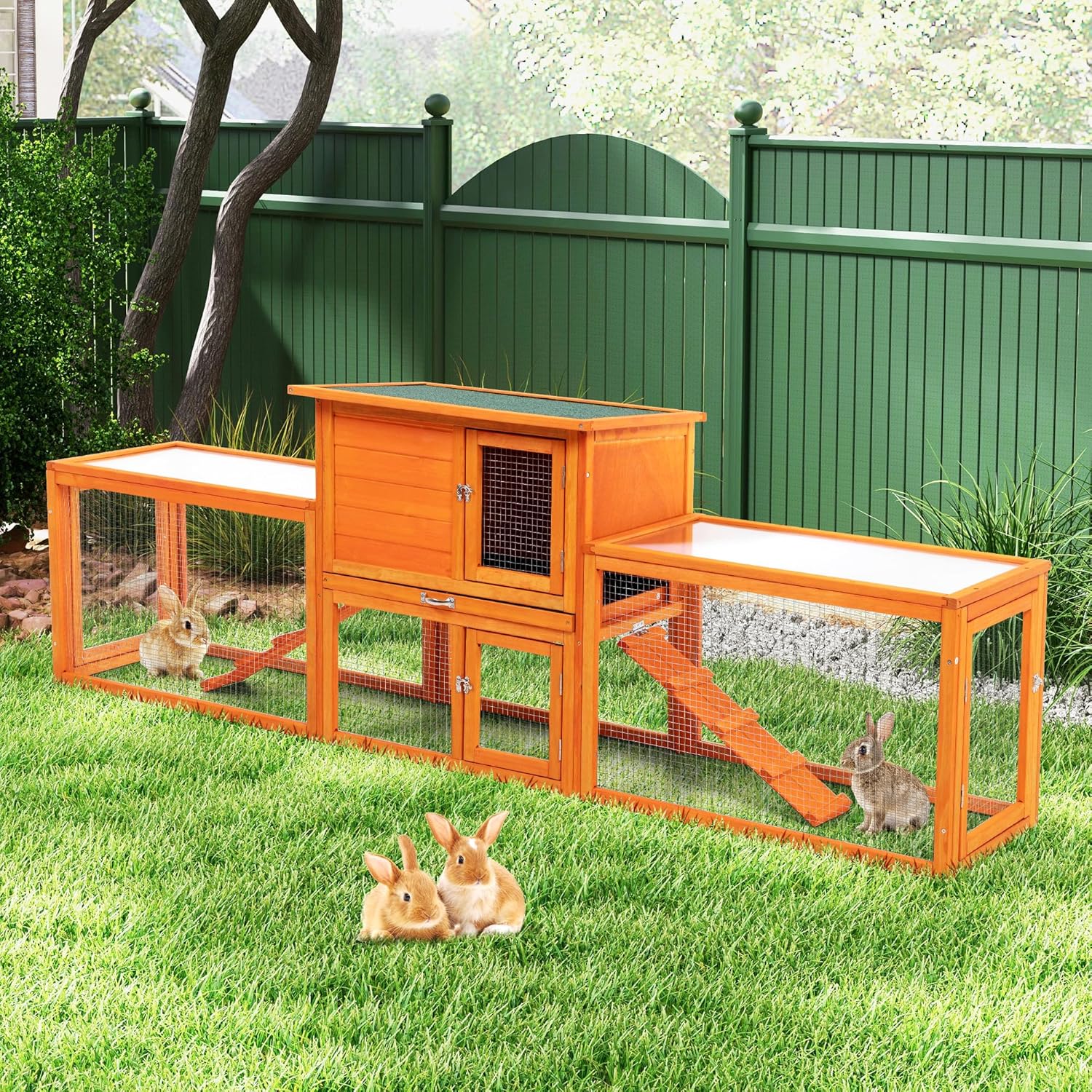 COZIWOW Extra Large Rabbit Hutch Bunny Cage Outdoor Indoor, 2-Story 94.5”L Big Wooden Bunny Hutch Rabbit Cage Small Animal House with No-Leak Tray, Openable Top, Runs, Waterproof Roofs (Orange)