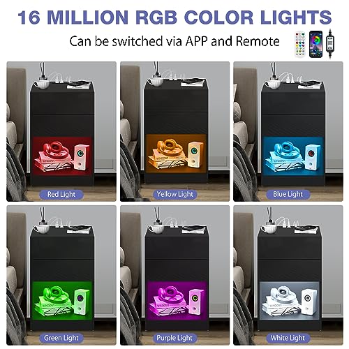 HOMMPA Set of 2 White LED Nightstand with Charging Station Side Table with Open Shelf Night Stand with Led Lights USB Ports Outlets Bedside Table End Table with Drawers Storage for Bedroom