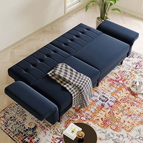 Belffin Velvet Convertible Futon Sofa Bed Memory Foam Futon Couch Sleeper Sofa Navy Blue