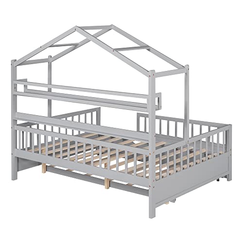 House Bed with Storage Shelf,Wooden Bed Frame with Full-length Guardrail for Bedroom, No Box Spring Needed (Pink, Full Size House Bed with 2 Drawers)
