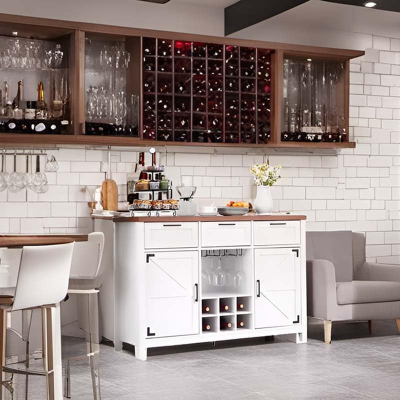 48” Farmhouse Buffet Cabinet - Sideboard with 3 Drawers, 2 Barn Doors, Wine & Glass Rack, Storage Shelves, Ideal for Dining Room, Kitchen, Living Room