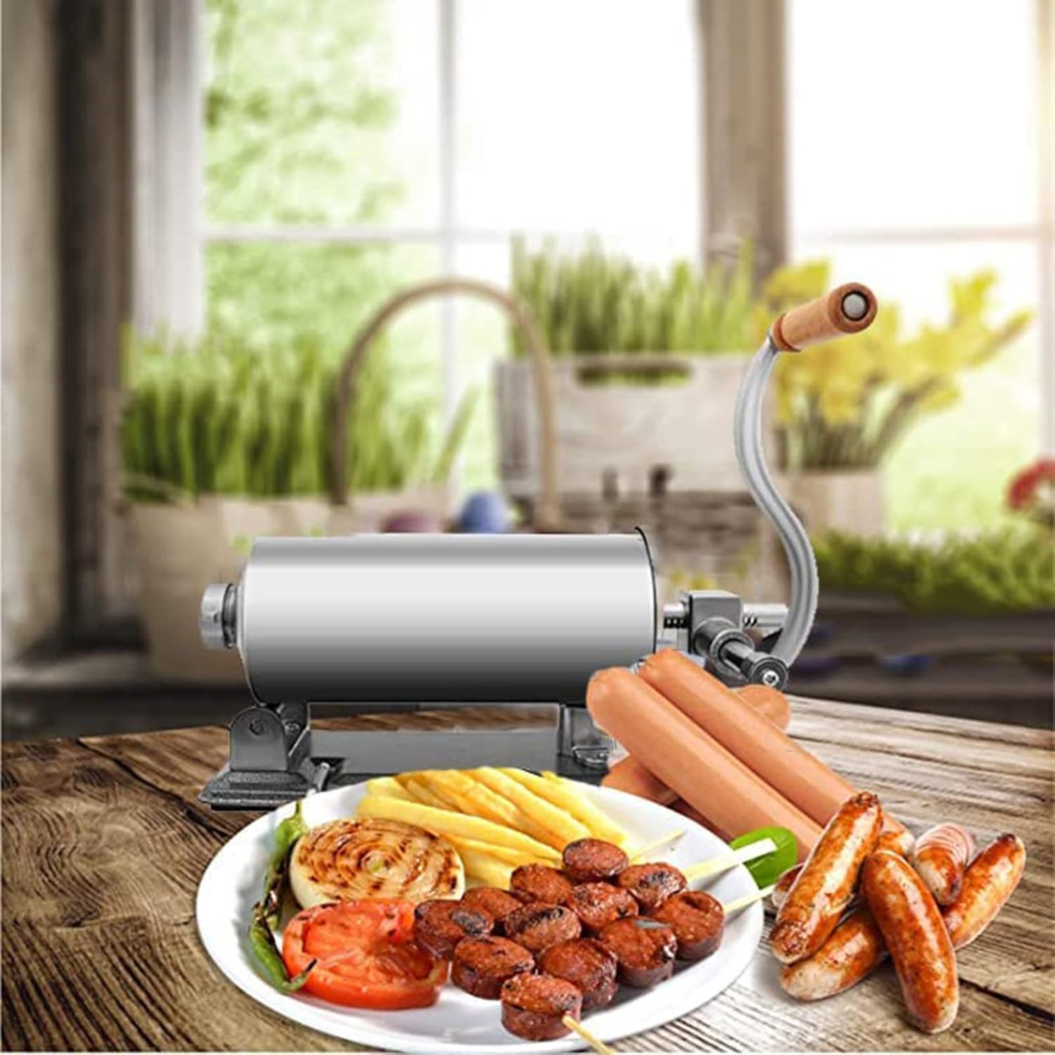 Sausage Stuffer Machine, 6LBS/3L Stainless Steel Horizontal Sausage Stuffer Maker Manual Sausage Filler with 4 Filling Tubes, for Commercial or Home Use