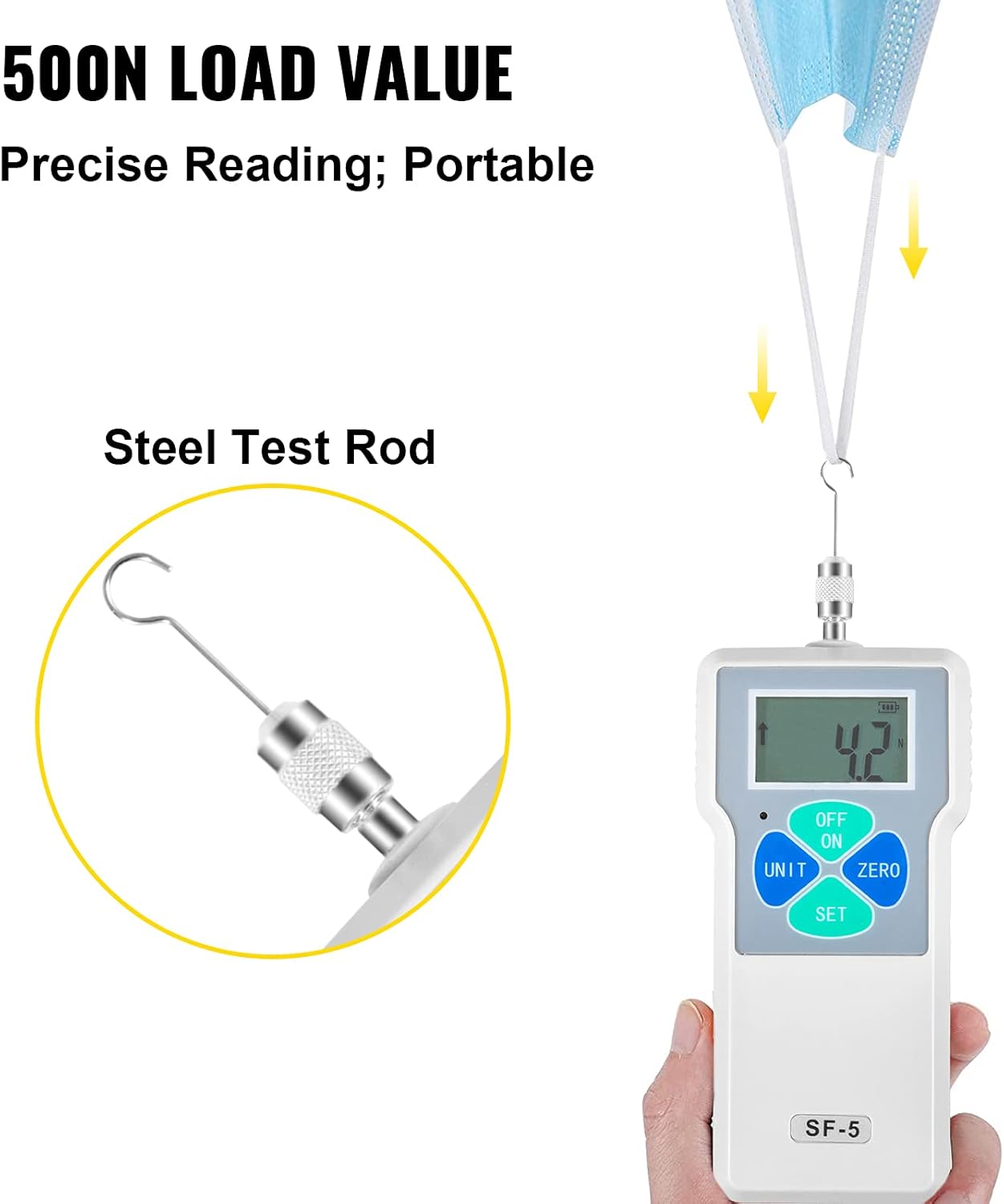 VEVOR Digital Force Gauge 500N/50kgf/110lbf Push Pull Force Gauge w/LCD Backlight Display Pull Force Tester Peak/Track Mode Digital Thrust Meter Data Storage for Compression Load Plug Force Test