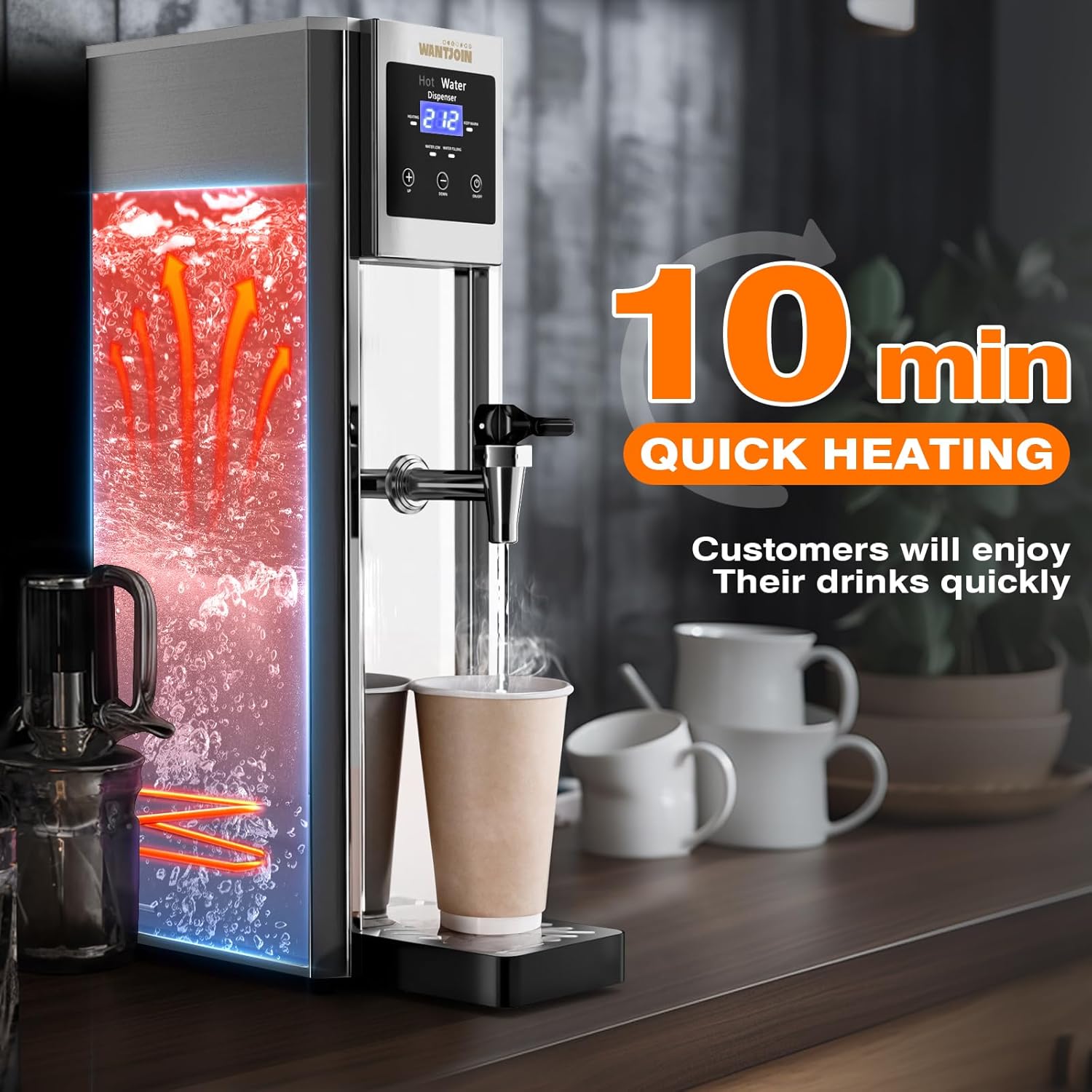 WantJoin Hot Water Dispenser Commercial Water Boiler 20L(5.2GAL)/Hour Step-Heating Electric Countertop Water Dispenser Automatic Temperature Control 32°F-212°F, for Boba Tea Coffee Shop Office 1800W