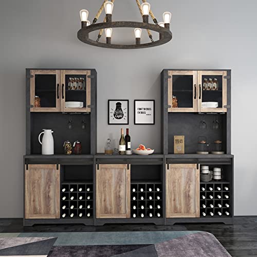 Farmhouse Coffee Bar Cabinet, Kitchen Hutch Storage Cabinet with Wine Rack Liquor Cabinet with Sliding Barn Door Wood Wine Cabinet Buffet Sideboard for Home, Living, Dining Room, Kitchen, Black