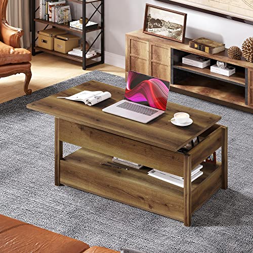 YITAHOME Lift Top Coffee Table with Storage Shelf,Drawers and Hidden Compartment,Retro Center Table with Wooden Lift Tabletop,Lift Tabletop Dining Table for Living Room Office Reception,Rustic Brown