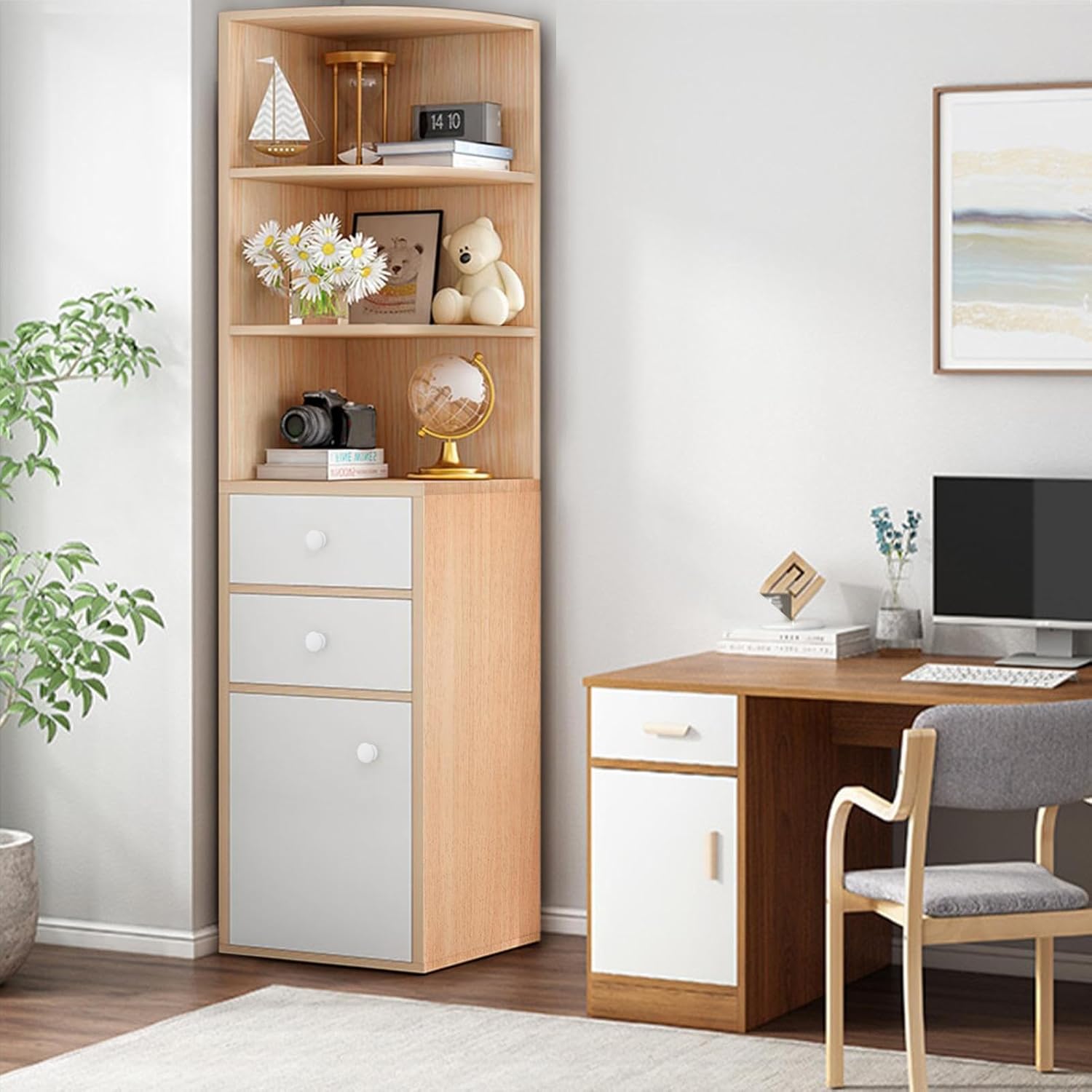 Tall Corner Cabinet, Sofa Side Floor Storage Cabinets with Barn Door Design Adjustable Shelves, Freestanding Triangle Organizer Home Space Saver Hutch for Kitchen Living Room White