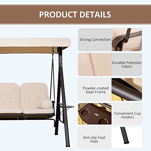 Outsunny 3-Seat Patio Swing Chair, Outdoor Porch Swing Glider with Adjustable Canopy, Removable Cushion, Pillows and Side Trays, for Garden, Poolside, Backyard, Brown