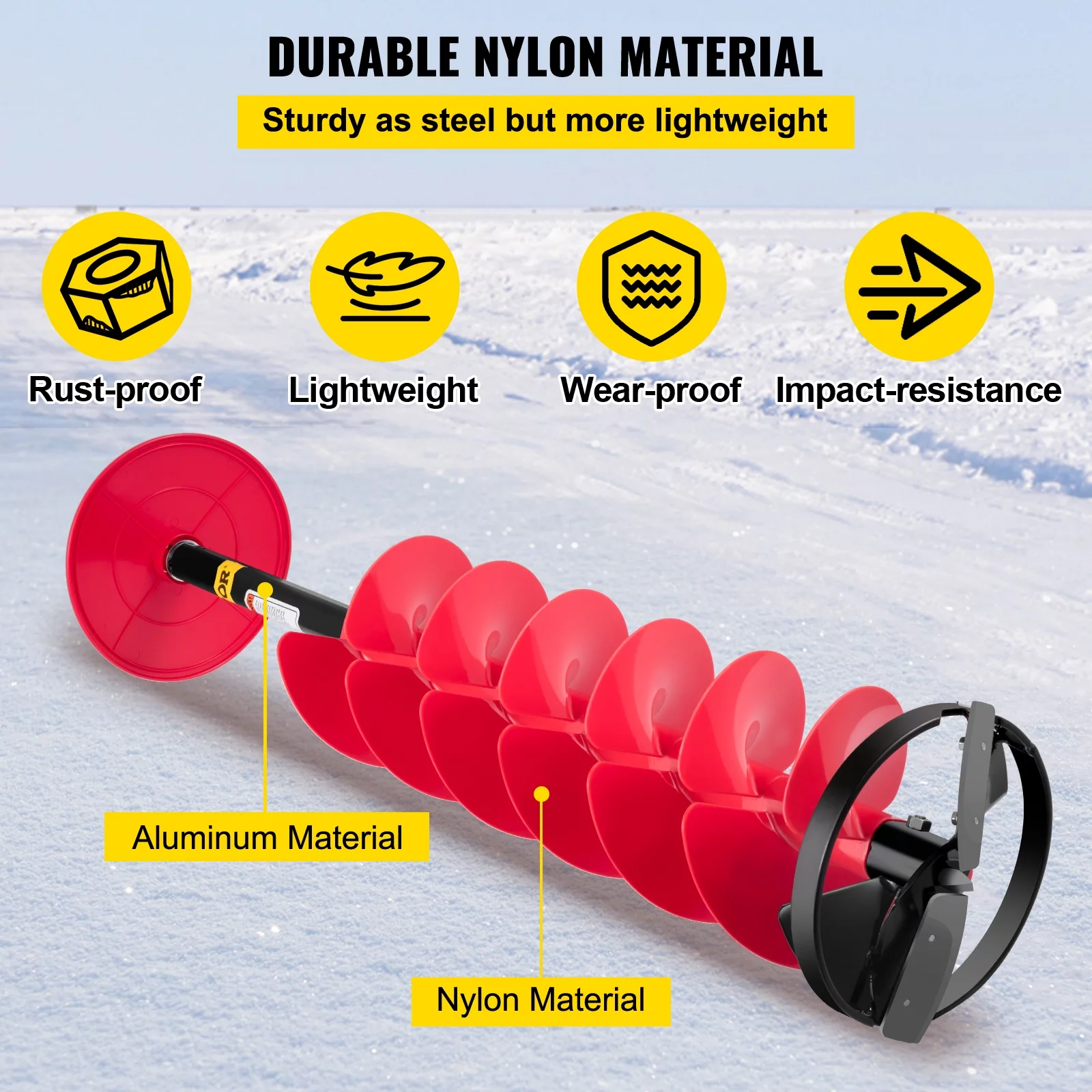 VEVOR Ice Drill Auger, 6'' Diameter Nylon Ice Auger, 39'' Length Ice Auger Bit,Auger Drill with 11.8" Extension Rod,Auger Bit w/ Drill Adapter,Top Plate & Blade Guard for Ice Fishing Ice Burrowing Red