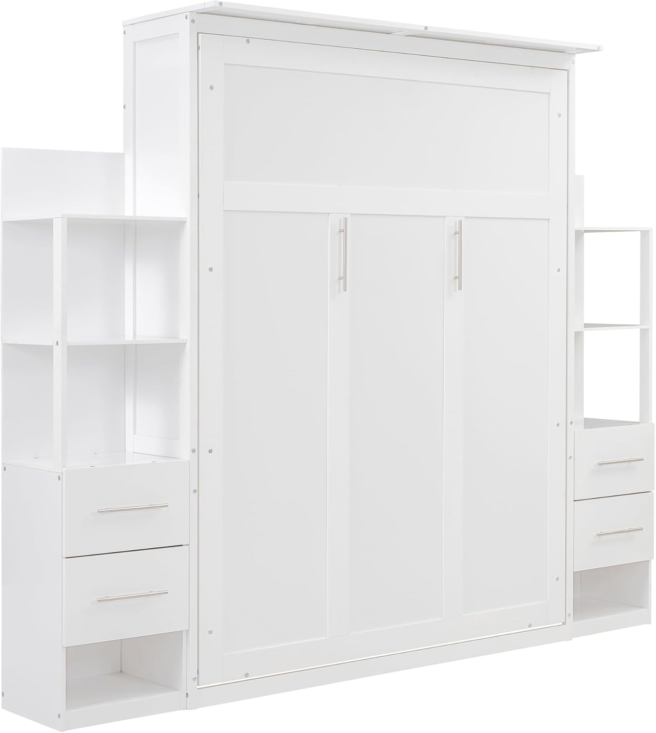Queen Size Murphy Bed Wall Bed with Shelves, Drawers and LED Lights,White