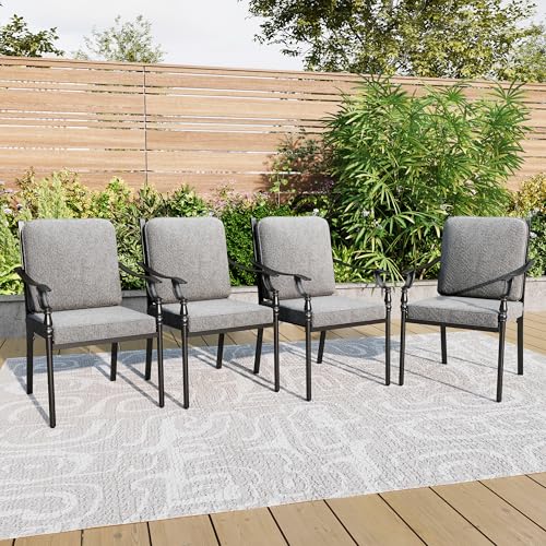 PHI VILLA 7 Pieces Outdoor Dining Set for 6, Rectangular Black Steel Dining Table with Fixed and Swivel Iron Chairs, Large Dining Furniture Set with Cushions for Patio, Deck, Porch, Backyard