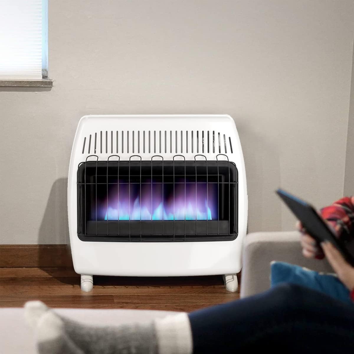 UTY 30,000 BTU Propane / Natural Gas Wall Heater for Indoor Use - Dual Fuel, Vent-Free, with Free Standing Base Legs, white, 28 x 11 x 24