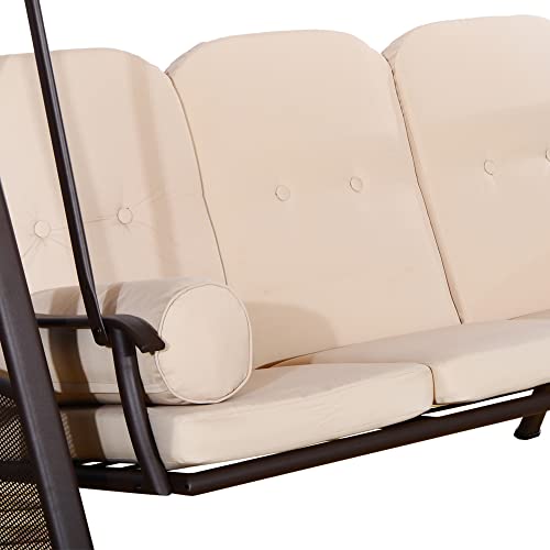 Outsunny 3-Seat Patio Swing Chair, Outdoor Porch Swing Glider with Adjustable Canopy, Removable Cushion, Pillows and Side Trays, for Garden, Poolside, Backyard, Brown