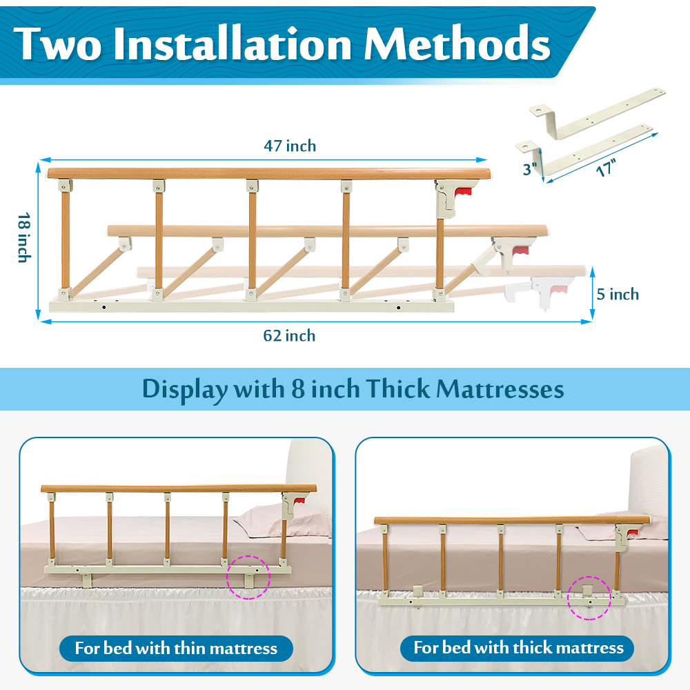 Bed Rails for Elderly Adults Seniors Assist Bar Bed Railing Cane Side Rail Guard Fall Prevention Handle Fold Down Hand Safety Rails (47×18 INCH)