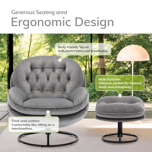 Velvet Swivel Accent Chair with Ottoman Set,Modern Lounge Chair with Footrest, Comfortable 360 Degree Swivel Armchair, Reading Chair for Living Room, Bedroom, Reading Room (gray)