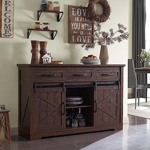 Farmhouse Buffet Cabinet with Storage, 53" Coffee Bar Cabinet w/Sliding Barn Door, Rustic Sideboard Buffet Cabinet with 3 Drawers for Dinning Room, Kitchen, Hallway, Living Room (White)