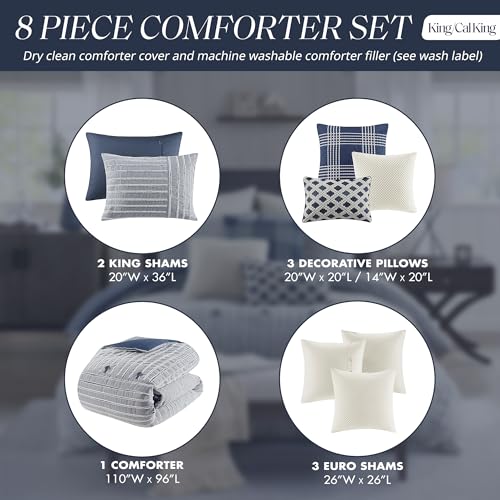 Madison Park King Comforter Set Clipped Jacquard Stripes with Buttons Boho Comforter for a King-Size Bed, Cotton Oversized Comforters with Removable Cover Boho Bedding, King Ivory 9 Piece