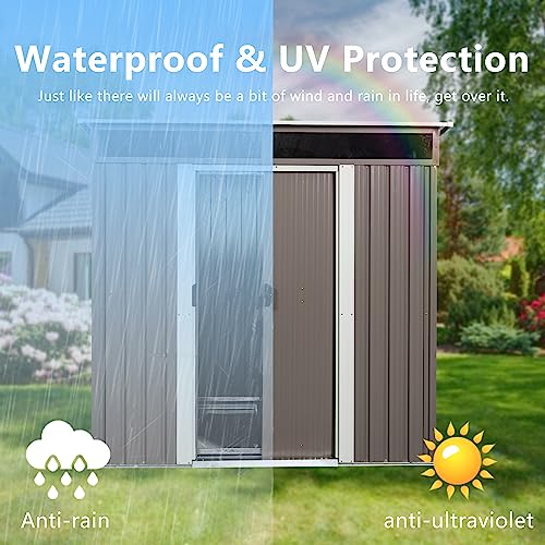 6FT x 5FT Storage Shed with Lockable Door, Outdoor Storage Shed with Transparent Board, Metal Garden Shed Kit with Waterproof Roof and Sturdy Base Plate, Suitable for Backyard, Patio, Gray