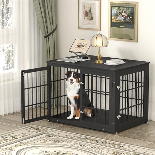 48 Inch Heavy Duty Dog Crate Furniture for Large Dogs, Decorative Pet House End Table, Extra Large Wooden Cage Kennel Furniture Indoor, Natural and White