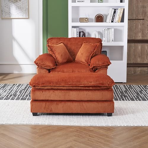 Oversized Chaise Lounge Chair Indoor, 56.3" Corduroy Upholstered Cloud Sofa Couch with Ottoman & 2 Lumbar Pillows, Comfy Single Deep Seat Sofa Armchair for Living Room Bedroom Office (Green)