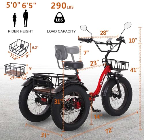 Electric Tricycle for Adults, 750W(Peak 1350W), 48V13Ah Ebike, 20"x4.0" Aluminum Folding Fat Tire 3 Wheel Electric Trike, Max 20MPH Hydraulic Brake, Rear Motor Differential