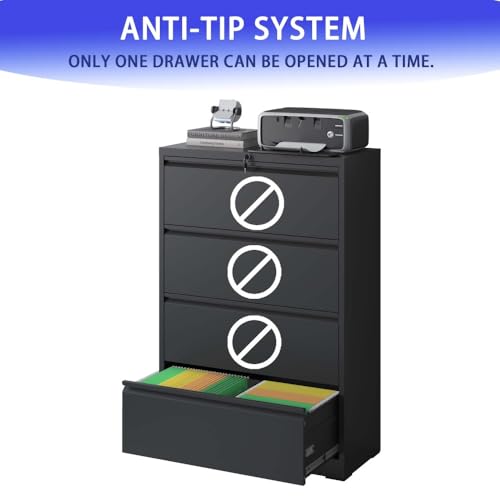 4 Drawer Metal Lateral File Cabinet with Lock Office Home Steel Vertical File Cabinet for A4 Legal/Letter Size Black